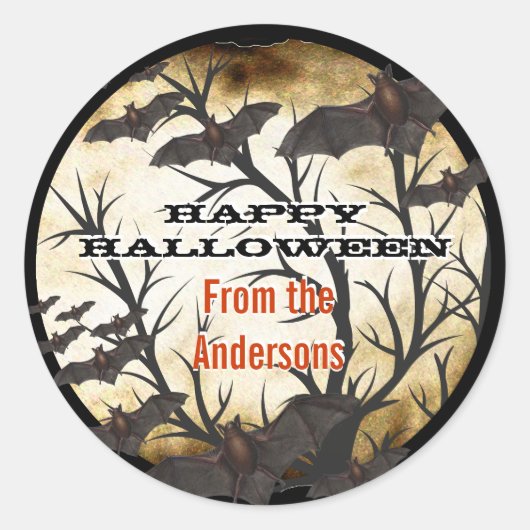 Sticker Rond Joyeuses chauves-souris d'Halloween et parchemin b (Devant)