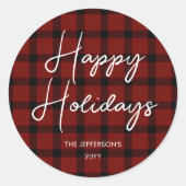Sticker Rond Joyeuses Fêtes à carreaux rouges et noirs | (Devant)
