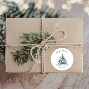 Sticker Rond Joyeuses fêtes Arbre de Noël Nom de famille