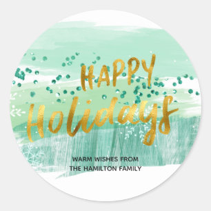 Sticker Rond Joyeuses Fêtes Artsy Vert Aquarelle Or