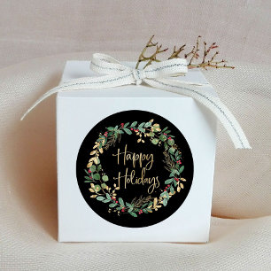 Sticker Rond Joyeuses fêtes Black and Modern Faux Gold Wreath