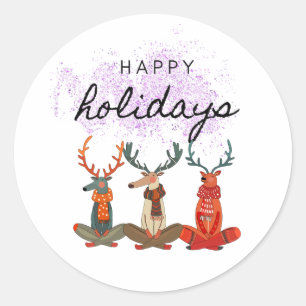 Sticker Rond Joyeuses fêtes. Cerf en pose de yoga