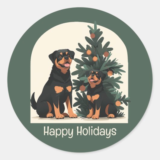 Sticker Rond Joyeuses fêtes Chiens Rottweiler (Devant)