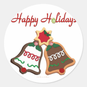 Sticker Rond Joyeuses Fêtes Cloches de Biscuit de Noël