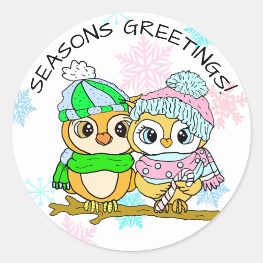Sticker Rond Joyeuses Fêtes Cute Owl Couple Noël (Devant)