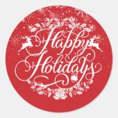 Sticker Rond Joyeuses fêtes de neige flocons Noël rouge (Devant)