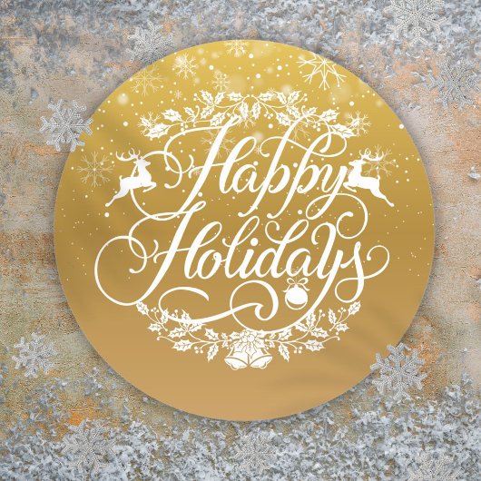 Sticker Rond Joyeuses Fêtes de Noël flocons d'or