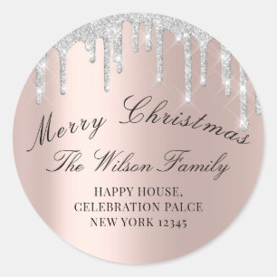Sticker Rond Joyeuses fêtes de Noël RSVP Rose Grey Silver