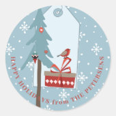 Sticker Rond Joyeuses Fêtes flocons de neige et un sapin de Noë (Devant)