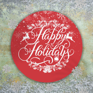 Sticker Rond Joyeuses Fêtes Flocons de Neige Rouge Noël