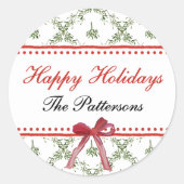 Sticker Rond Joyeuses fêtes Mistletoe Red Bow Custom Christmas (Devant)
