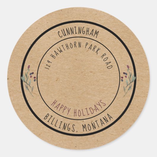 Sticker Rond Joyeuses fêtes Noël Sceau de baies rustiques (Devant)