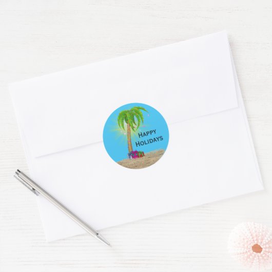 Sticker Rond Joyeuses Fêtes Palmier dans le Sable  (Enveloppe)