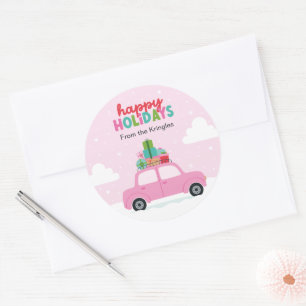 Sticker Rond Joyeuses Fêtes Voiture Rose avec Cadeaux en Rose P