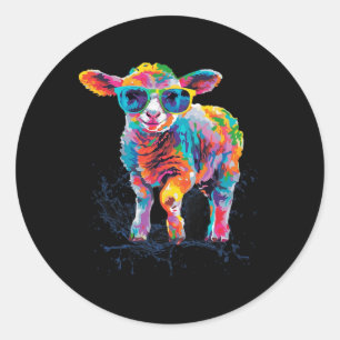 Sticker Rond Joyeuses Pâques Agneau Mouton Coloré Avec Soleil