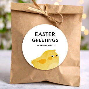 Sticker Rond Joyeuses Pâques avec un petit poulet jaune
