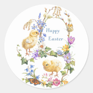 Sticker Rond Joyeuses Pâques Couronne Florale Aquarelle de Pous