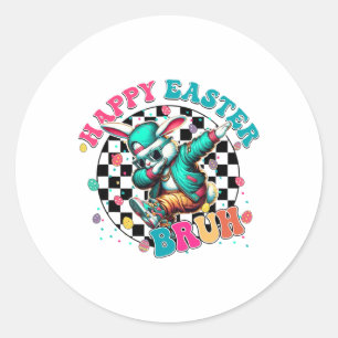 Sticker Rond Joyeuses Pâques Frère Lapin Dabbing Chasse aux Œuf