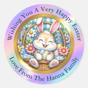 Sticker Rond Joyeuses Pâques I Lapin Mignon dans un Panier Cade