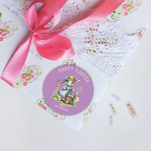 Sticker Rond Joyeuses Pâques Lapin Violet Aquarelle Vintage Œuf