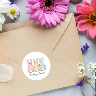 Sticker Rond Joyeuses Pâques Lapins Pastel Texte Personnalisé