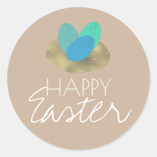 Sticker Rond Joyeuses Pâques Œuf Tacheté Nid de Pâques Fête
