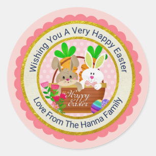 Sticker Rond Joyeuses Pâques, Panier de Lapin Mignon & Œufs Col