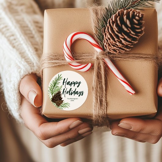 Sticker Rond Joyeuses Vacances Aquarelle Pine Végétation d'hive