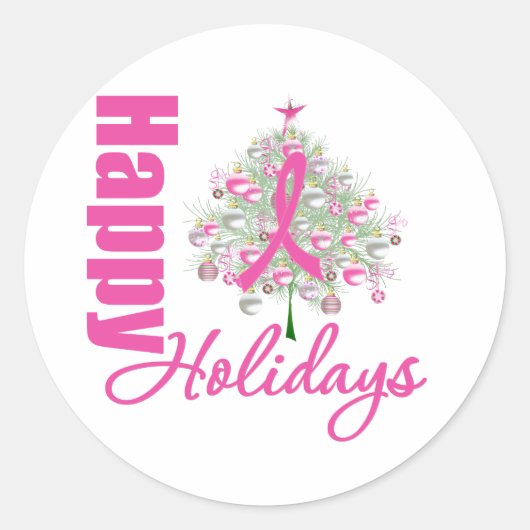 Sticker Rond Joyeuses Vacances Cancer du sein Pink Ribbon (Devant)