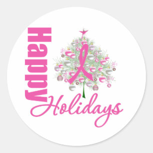 Sticker Rond Joyeuses Vacances Cancer du sein Pink Ribbon