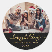 Sticker Rond Joyeuses Vacances Noir Script Famille Photo (Devant)