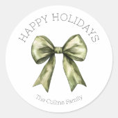 Sticker Rond Joyeuses Vacances Vert Aquarelle Bow Noël (Devant)