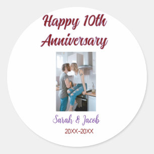 Sticker Rond Joyeux 10e anniversaire photo mariage nom du coupl