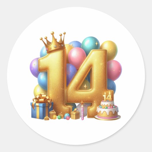 Sticker Rond Joyeux 14ème anniversaire (Devant)