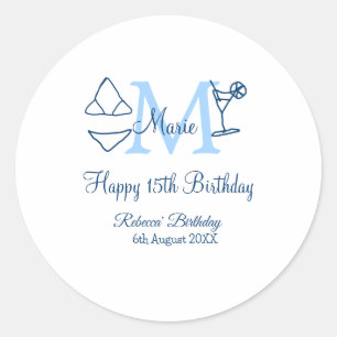 Sticker Rond Joyeux 15e anniversaire bleu ajouter nom monogramm