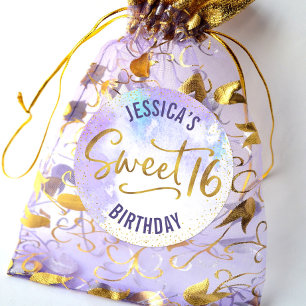 Sticker Rond Joyeux 16 ans Fille Anniversaire Violet Aquarelle