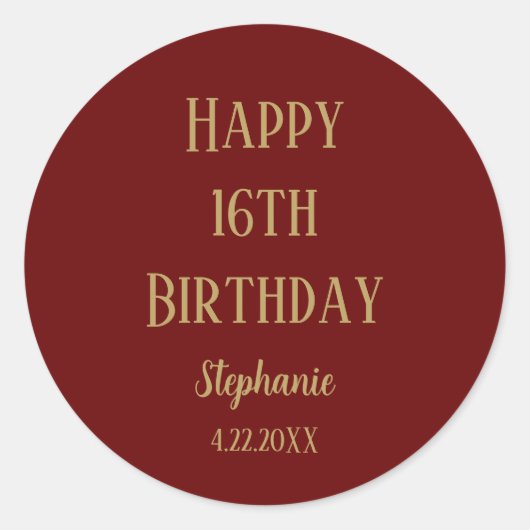 Sticker Rond Joyeux 16e anniversaire Seize Gold Bourgogne Rouge (Devant)