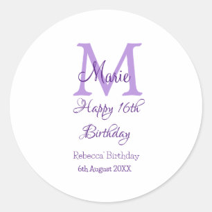 Sticker Rond Joyeux 16e anniversaire violet ajouter nom monogra