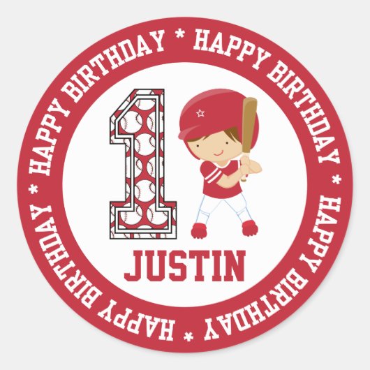 Sticker Rond Joyeux 1er Anniversaire Batteur de Baseball Rouge (Devant)