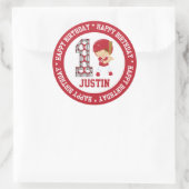 Sticker Rond Joyeux 1er Anniversaire Batteur de Baseball Rouge (Sac)