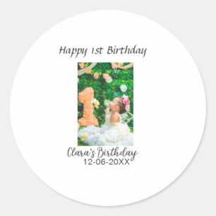 Sticker Rond Joyeux 1er anniversaire photo simple élégant coute