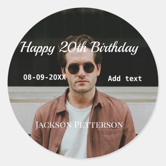 Sticker Rond Joyeux 20e anniversaire simple photo ajouter nom d (Devant)
