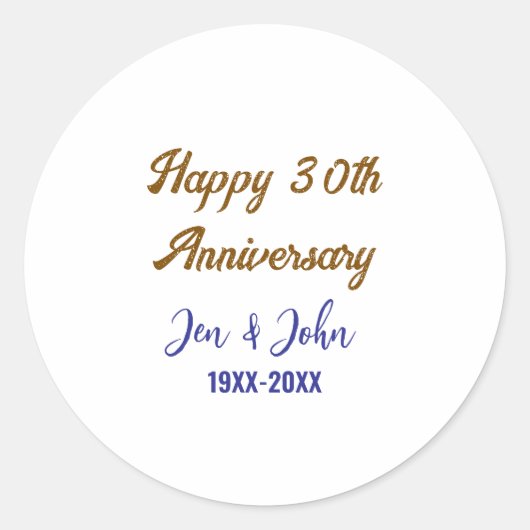 Sticker Rond Joyeux 30ème anniversaire de mariage bleu royal or (Devant)