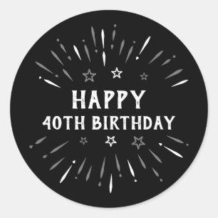 Sticker Rond Joyeux 40e anniversaire feux d'artifice noir blanc