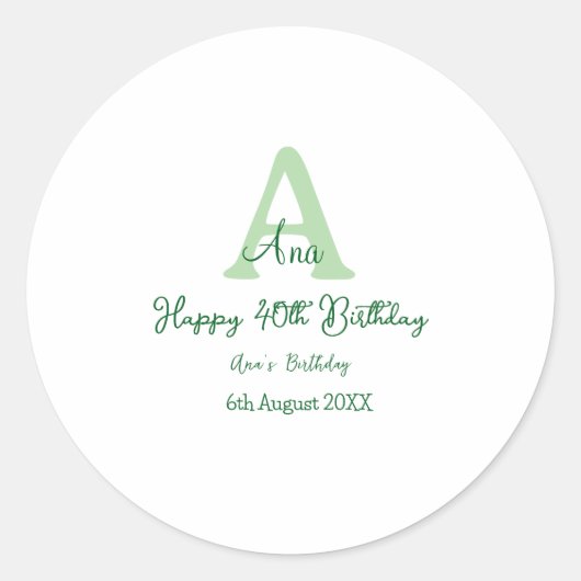 Sticker Rond Joyeux 40e anniversaire vert ajouter nom monogramm (Devant)