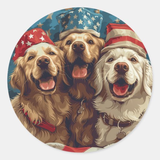 Sticker Rond Joyeux 4 Juillet Chiens De Rétritrice D'Or (Devant)
