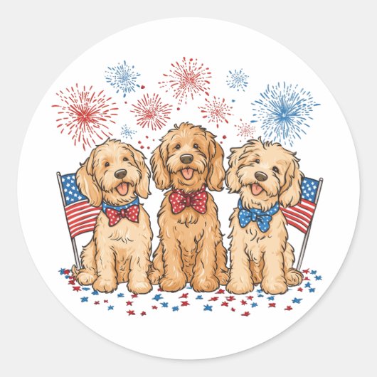 Sticker Rond Joyeux 4 juillet Goldendoodle Dogs Fireworks (Devant)