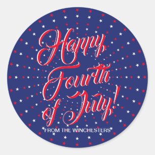 Sticker Rond Joyeux 4 Juillet rouge blanc bleu étoiles script