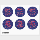 Sticker Rond Joyeux 4 juillet script rouge blanc bleu étoiles (Feuille)