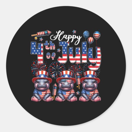 Sticker Rond Joyeux 4 juillet trois beaux hippopotames Sungles  (Devant)
